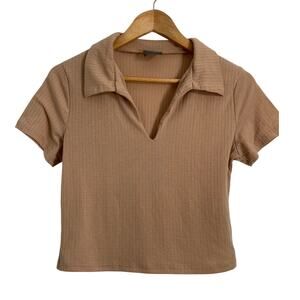 Olivia Rae Women's Collared V Neck Short Sleeve Crop Top Tan Large